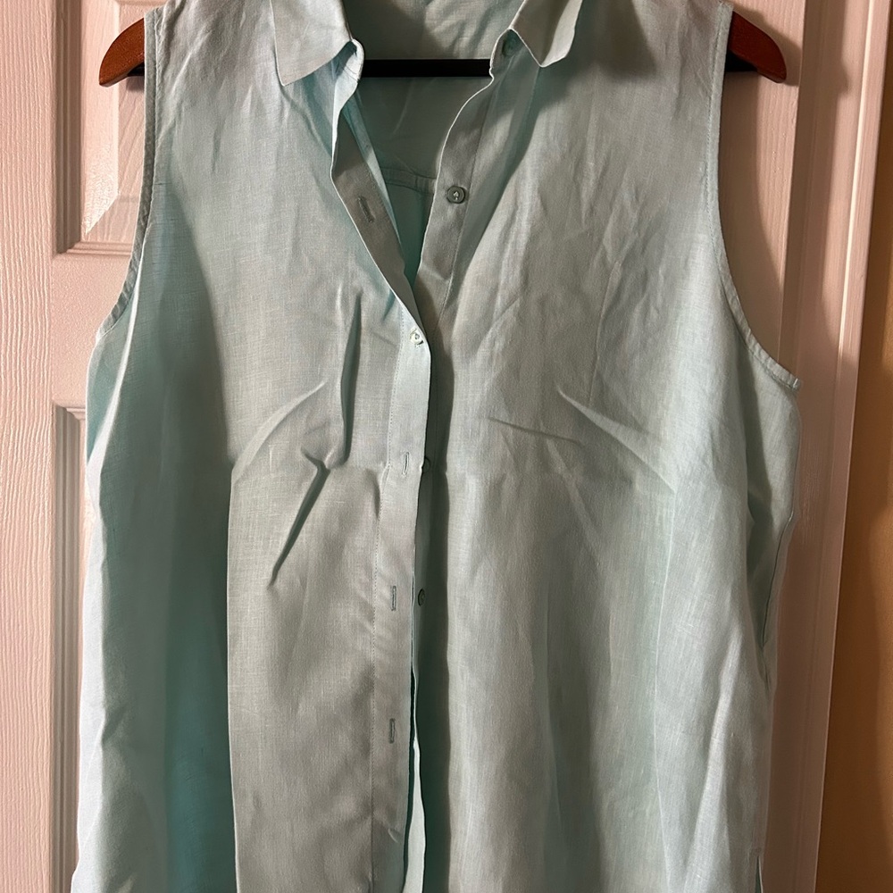 Eileen Fisher Seafoam Sleeveless Linen Women's Button Up Shirt Tunic